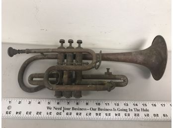 Antique Bruno And Sons Trumpet, Nice Engraving, Brass Or Copper