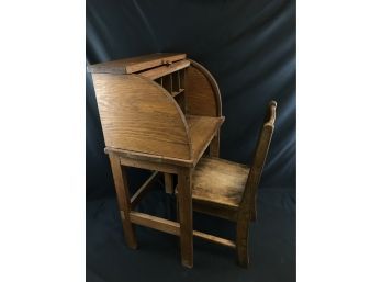 Miniature Wood Roll Top Desk And Chair, Childs Desk