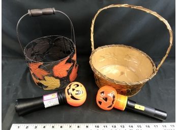 2 Metal Fall Baskets And Two Pumpkin Flashlights