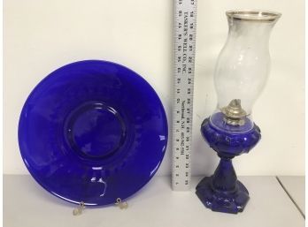 Large Blue Glass Plate 14 Inches, Blue Glass Oil Lamp With Shade