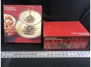 Christmas Tree Double Tier Tray And Old Fashion Glasses