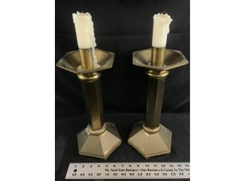 Pair Of Large Brass Candlestick Holders, 20 Inches Tall