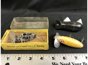 2 Fred Arbogast Jitterbug Lures, One With Box And Shakespeare Genuine Swimming Mouse