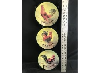 3 Rooster Plates With Hanging Metal Rack