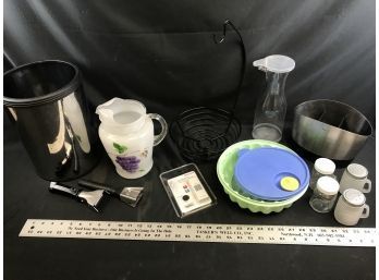 Lot Of Household Items, Glass Pitcher, Chrome Trashcan, Salt And Pepper, Basket, Etc.