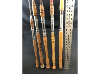 5 Vintage Wood Handled Fishing Poles - A
