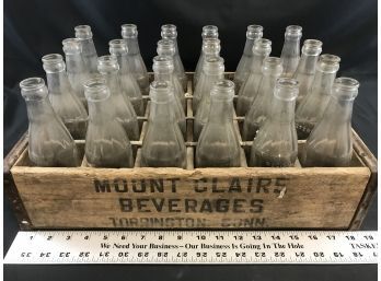 24 Vintage Mount Claire Beverage Glass Bottles With Wood Box, WT Flynn Torrington CT