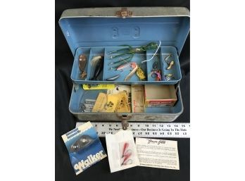 Metal Toolbox With Various Lures, Tackle, Pamphlet