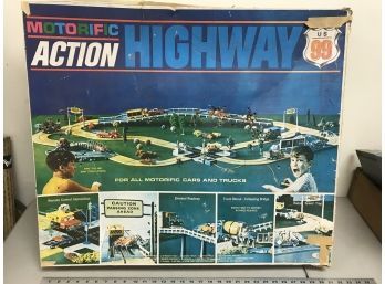 Vintage Motorific Action Highway Toy Race Car, Large Box