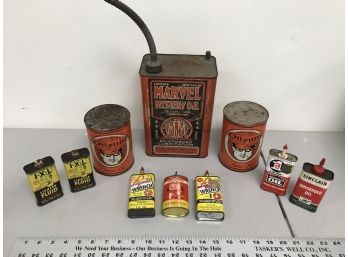 Assortment Of Vintage Oil Cans, Marvel Mystery Oil, Oilzum, Etc