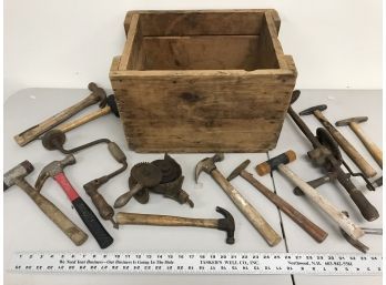 Solid Wood Crate With Various Vintage Tools, Hammers