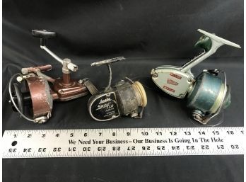 3 Vintage Fishing Reels,  Heddon 260 R, Langley Spin Flo 820,M