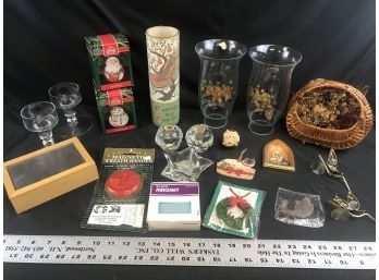 Christmas Lot A, Magnetic Wreath Hangers, Glassware, Decorations, Wood Box