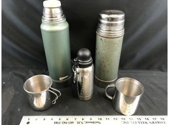 2 Aladdin Stanley Thermoses, Two Aluminum Cups, Mike Goff Metal Bottle