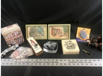 Lot Of Items, 3-D Pictures, Stone Nightlight, Wood Viking Figures, Fish Glass Paperweight, Tea Tin