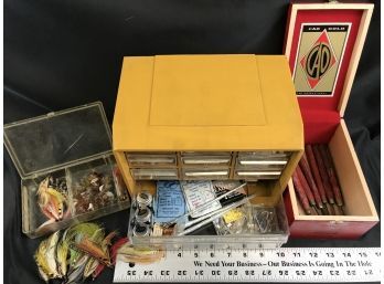Lot Of Fly Tying Fishing Materials With 10 Drawer Box