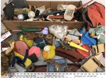 Large Wood Box Filled With Vintage Pieces Of Toys Mostly