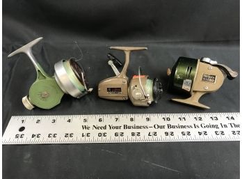 3 Vintage Fishing Reels,  Record Made In Switzerland, Daiwa 7200H, Sears Roebuck, N