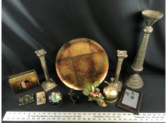 Various Lot M, Silver Candlesticks, Compacts, Brass Prayer, Etc. See Pics
