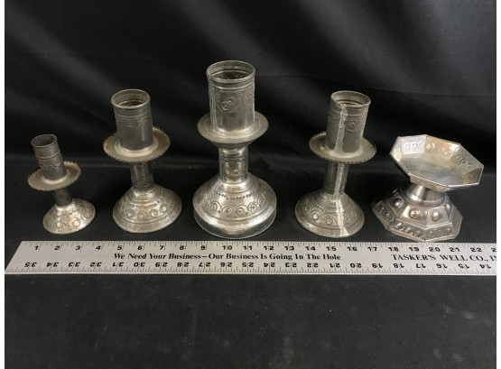 4 Silvertone Candle Sticks And One Silver Mexican Candle Stick