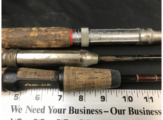 Three Vintage Fishing Rods, Fenwick HMG Graphite, Bristol Wood Poles, Unknown