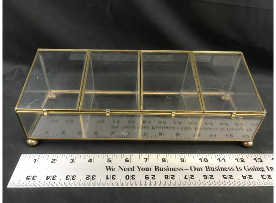 4 Compartment Glass And Brass Jewelry Box With Individual Lids, 12 Inches Long By 4 X 4 High