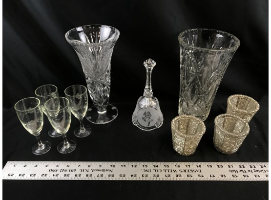 Glass Lot, 2 Vases, Bell, Small Glasses, Silver Candleholders