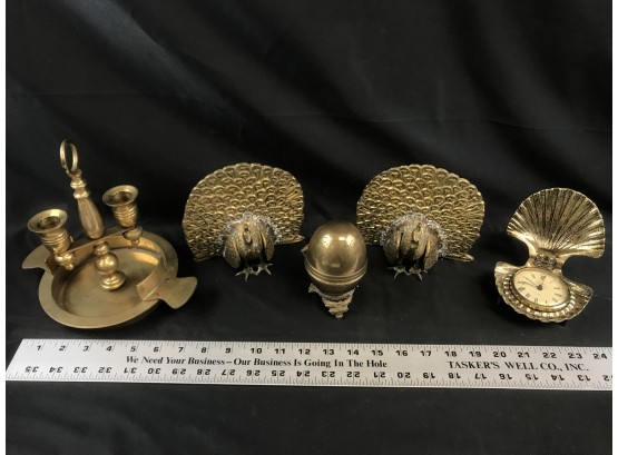Brass Lot, Peacock Stands, Candleholder, Egg, Shell Clock