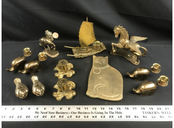 Assortment Of Mostly Brass Candle Holders, And Decorative Horses And Cat