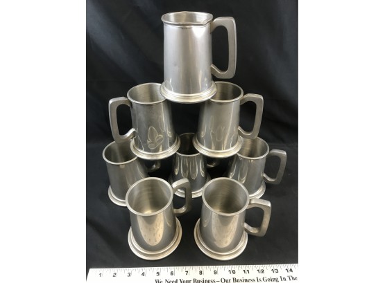 8 Pewter Glass Bottom Tankards, Made In England