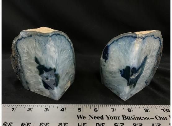 2 Beautiful Blue Agate Geode Bookends, Proximately 4 1/2 Inches High