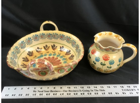 Beautiful Pottery Bowl Basket And Matching Pottery Pitcher, Made In Italy