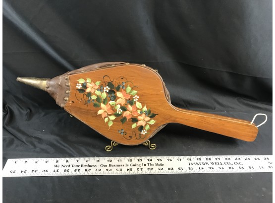 Vintage Fireplace Bellow Blower With Hand Painted Flowers, 25 Inches Long