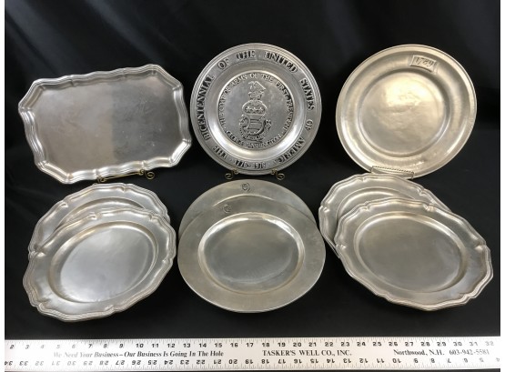 8 Pewter Plates And One Pewter Tray, See Pics