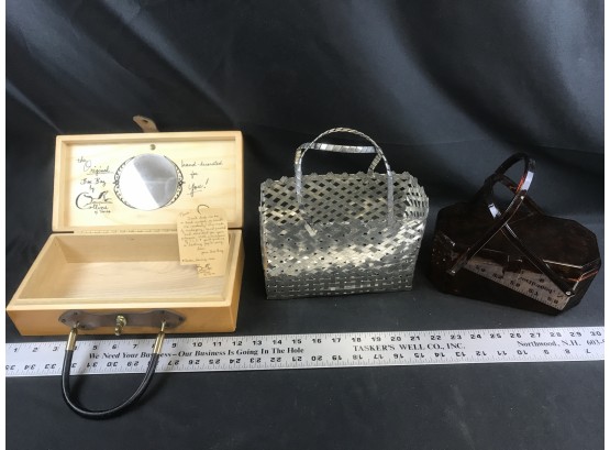 3 Unique Handbags, Silver Metal, Lucite, Wood Box With Handle