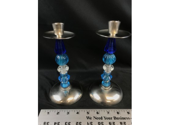 2 Silver Metal Candle Sticks With Blue Accents, Approximately 8 1/2 Inches Tall