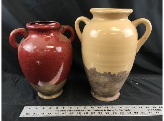 2 Ceramic Two Handled Pots Or Vases 12 And 14 Inches Tall