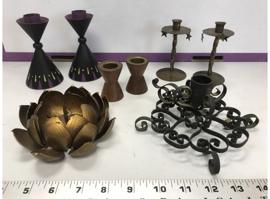 8 Various Brass, Wood, Metal Candleholders