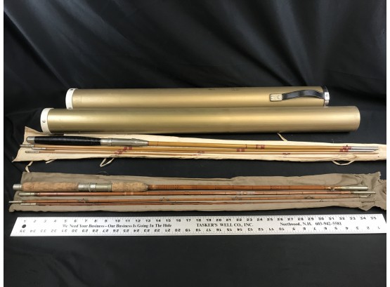 2 Vintage Wood Fly Fishing Poles, Four Piece, With Covers And Plastic Tube