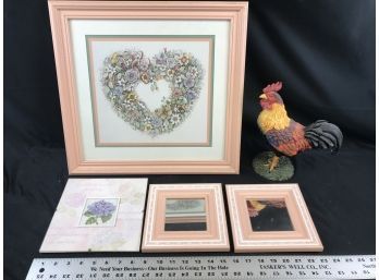 Heart Picture, Two Small Mirrors, Rooster Figurine
