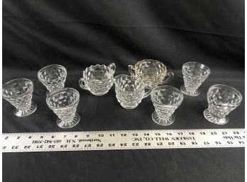 Fosturia Glass Sugar Bowls And Creamer With Six Oyster CockTail Cups