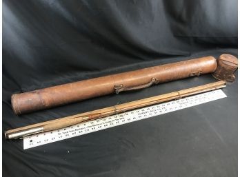 Old Bamboo  Bills Pal Montague Fishing Pole 4 Pieces And Wood Holder With Leather Tube Container