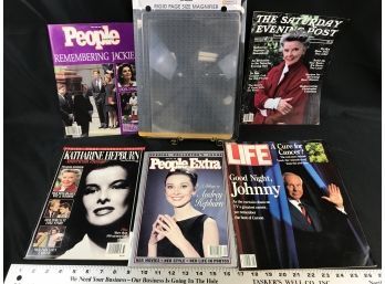 5 Commemorative Magazines And Page Size Magnifier, Audrey Hepburn, Johnny Carson, Jackie
