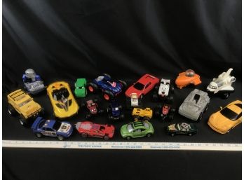 Large Lot Of Various Cars, Some Light Up, Make Sounds, Moves, With White Basket, See Pics