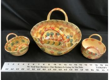 Pretty Pottery Bowl Basket With Two Smaller Matching Bowls, Made In Italy