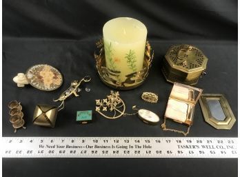 Nice Lot Of Brass Items, Small Make Up Cases, Bell, Candle Holder, See Pics