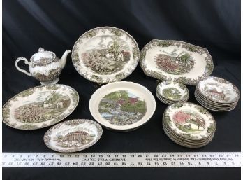 Johnson Brothers, The Friendly Village, 25 Pieces, Tea Pot, Bowls, Platter, Pie Plate, Tray, See Pics