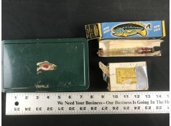 Vintage Fishing Tackle Box, Water Thermometer, Box Of Hooks L, See Pics