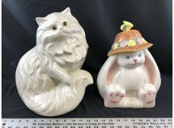 Ceramic Cat And Bunny, Cat Has Several Cracks