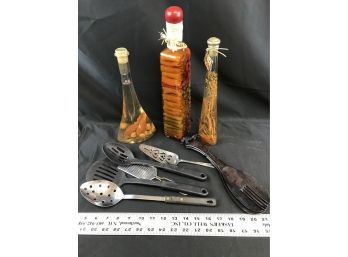 Glass Oil Bottles And Various Utensils